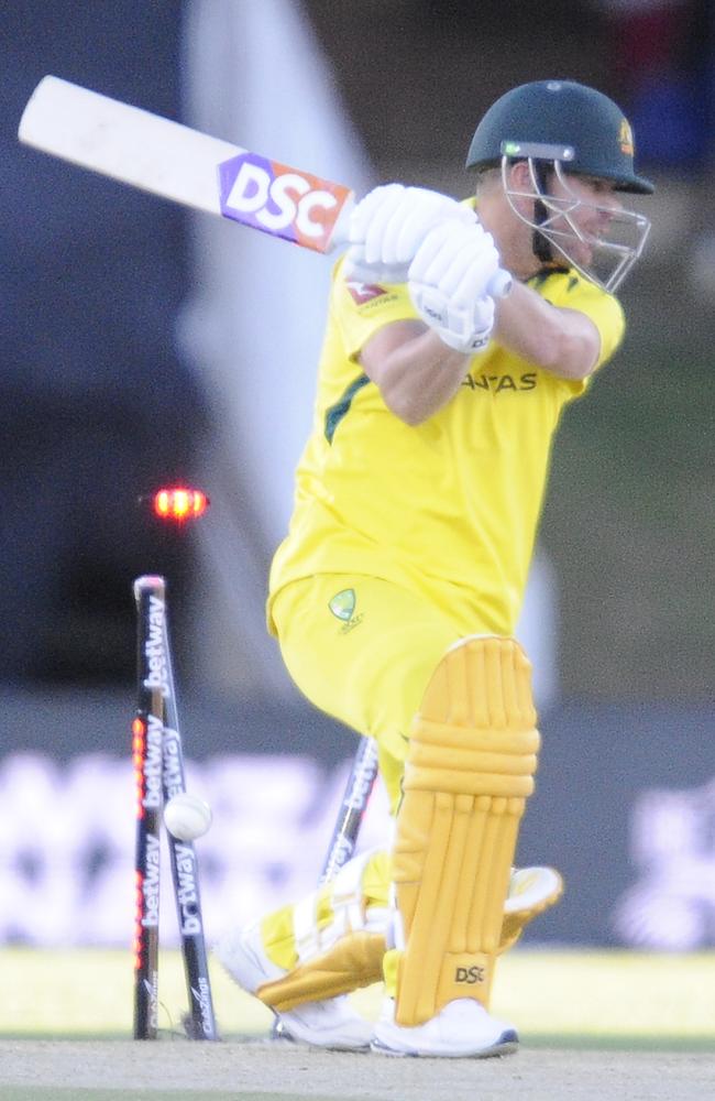 David Warner chopped on in the first over of Australia’s innings. Picture: Charle Lombard/Gallo Images/Getty Images