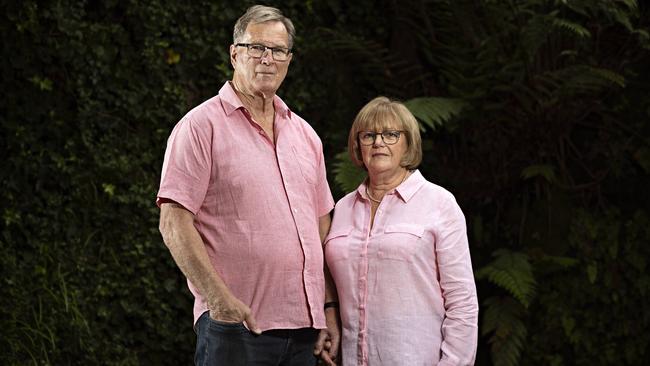 Lyn Dawson’s brother Greg Simms, with his wife, Merilyn, in Sydney on Monday ahead of the trial verdict. Picture: Adam Yip