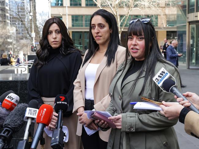 MELBOURNE, AUSTRALIA - NCA NewsWire Photos AUGUST 24, 2023 : Sisters Nicole Meyer , Elly Sapper and Dassi Erlich outside the County Court after their former teacher Malka Leifer was sentenced to 15yrs prison. Picture: NCA NewsWire / Ian Currie