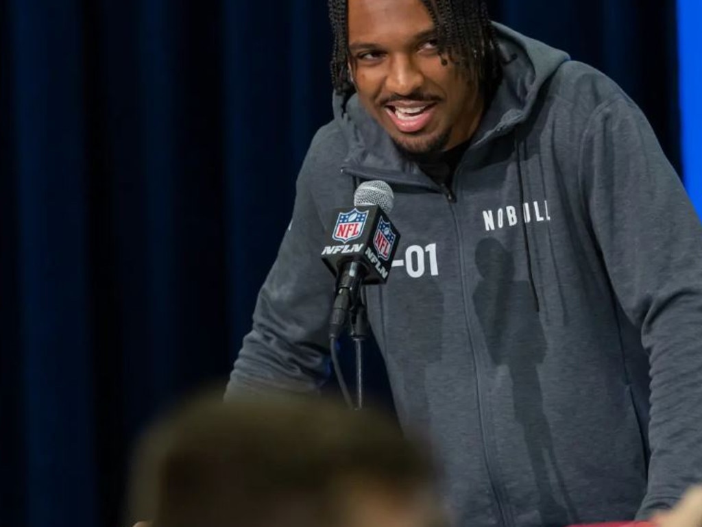 Jayden Daniels of the LSU Tigers speaks to the media during the 2024 NFL Draft Combine. Getty Images