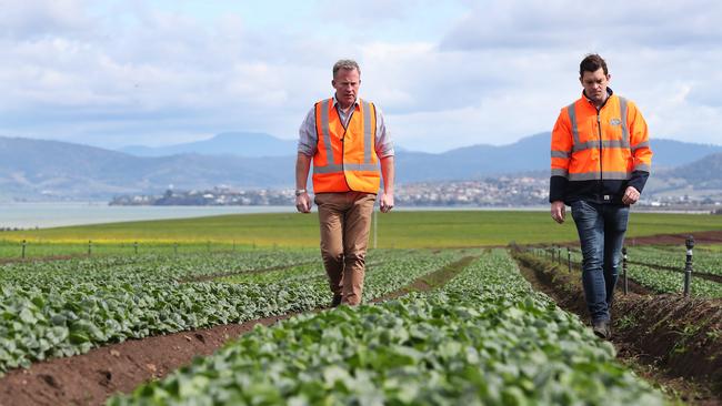 Premier Will Hodgman with Richard Hopkins of Houston's Farm. Picture: NIKKI DAVIS-JONES