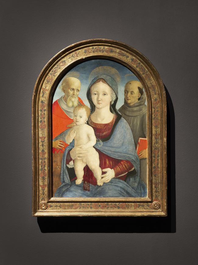 Pietro di Francesco Degli Orioli , born Siena, Italy 1458 , died Siena, Italy 1496 , The Madonna and Child with Saints Jerome and Anthony of Padua , c.1490 - 96 , tempera on panel , 74.3 x 50.8 cm ; Randal Marsh collection, Melbourne