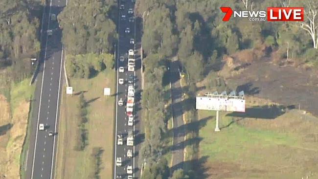 Both northbound lanes of the M7 near the Wallgrove Rd off-ramp are closed to traffic. Picture: Seven News