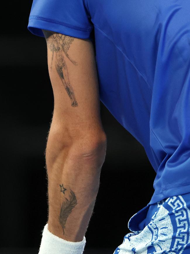 Kokkinakis’ left arm tattoo. Picture: Mark Stewart