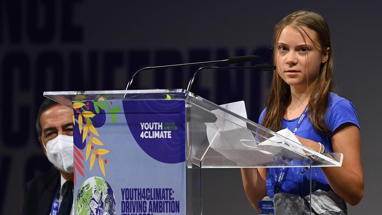 ‘There is no planet blah blah blah’: Swedish climate activist Greta Thunberg delivers a speech to open the Youth4Climate event in Milan on September 28. Picture: Miguel Medina/AFP