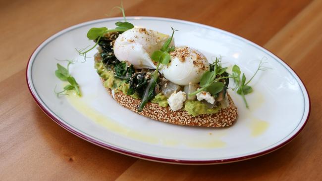 The avocado/silverbeet/poached eggs dish. Picture: Rebecca Michael.