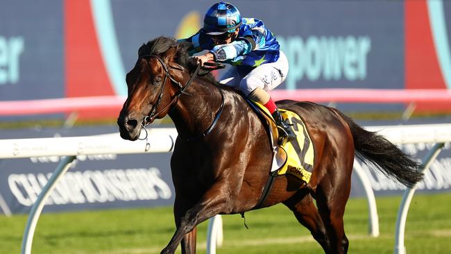 SYDNEY, AUSTRALIA - APRIL 13: Andrea Atzeni riding  Circle Of Fire wins Race 7 Schweppes Sydney Cup during Sydney Racing: The Championships at Royal Randwick Racecourse on April 13, 2024 in Sydney, Australia. (Photo by Jeremy Ng/Getty Images)