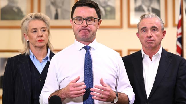 Nationals leader David Littleproud, centre, Senate leader Bridget McKenzie, left, and deputy leader Kevin Hogan. Picture: AAP