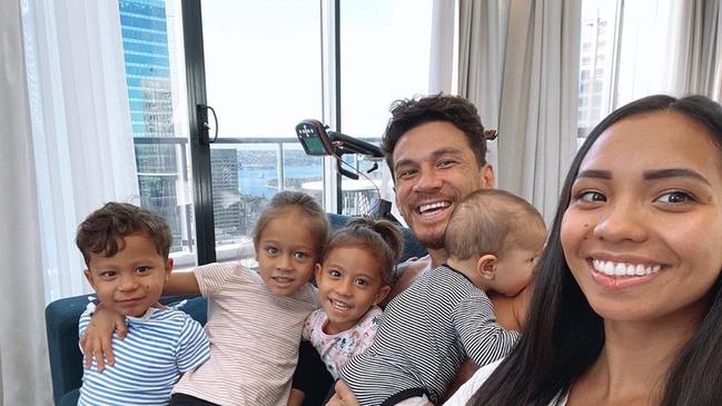 Sonny Bill Williams with wife Alana and children Iman, Aisha, Zaid, Essa, as they prepared to leave quarantine in 2020. Picture: Supplied