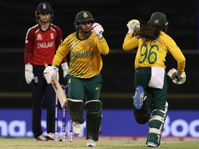 Mignon du Preez and Sune Luus of South Africa celebrate winning the ICC Women's T20 Cricket World Cup match between England and South Africa at the WACA. Picture: Paul Kane/Getty Images