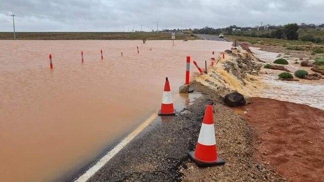 A portion of the Olympic Highway that was flooded near Woomera. Picture: Marcus Hiam