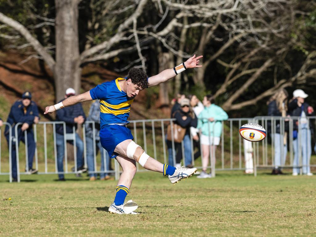 Chace Oates converts for Grammar against Downlands in O'Callaghan Cup on Grammar Downlands Day at Downlands College, Saturday, August 6, 2022. Picture: Kevin Farmer