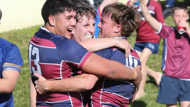 The Southport School celebrate a Blake Raymond try in round 4. No Picture Mike Batterham