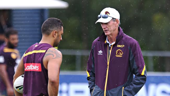 Benji Marshall and Wayne Bennett at Broncos training at Red Hill. Pic Annette Dew