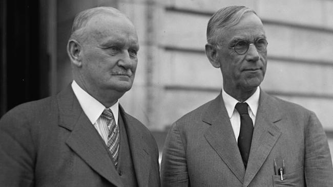 Willis Hawley and Reed Smoot in April 1929, shortly before the Smoot-Hawley Tariff Act passed the House of Representatives. Picture: United States Library of Congress's Prints and Photographs division