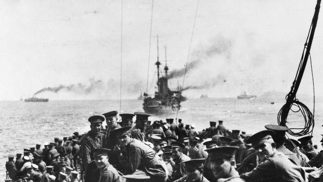 Troops of the 11th Battalion and 1st Field Company Australian Engineers assembled on the forecastle of HMS London / Picture: Supplied