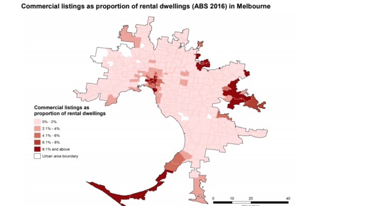 Melbourne’s commercial Airbnb listings at March 2018, compared to rental dwellings (based on the 2016 census). Picture: Australian Housing and Urban Research Institute