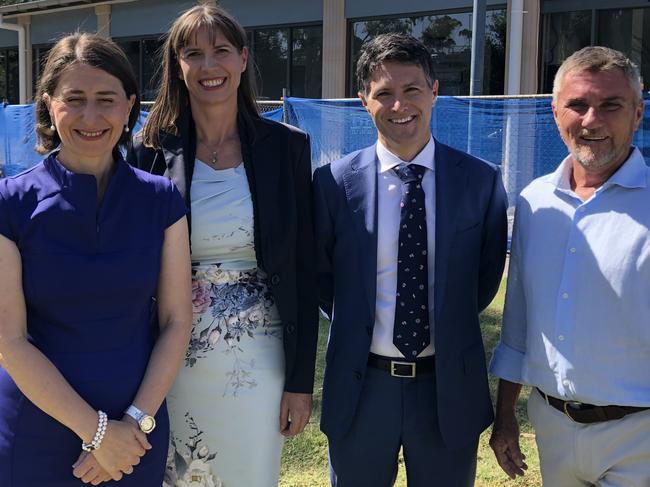 Premier Gladys Berejiklian, East Hills Liberal candidate Wendy Lindsay, Services Minister Victor Dominello and outgoing East Hills MP Glenn Brookes at Revesby. Picture: Lawrence Machado