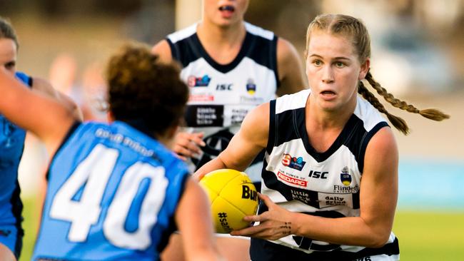 South Adelaide's Teah Charlton with the ball during the Panthers' round two SANFLW match against Sturt on Friday. Picture: Nick Hook Photography