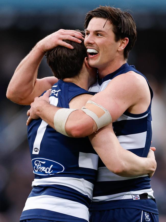 Shaun Mannagh (left) is playing a key role for the Cats. (Photo by Dylan Burns/AFL Photos via Getty Images)