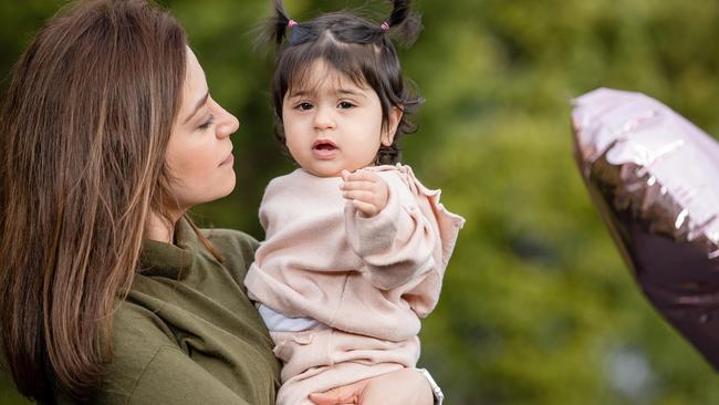 Sanaz Nasre with daughter Shyla, who will miss her 1st birthday party for the second time due to Melbourne’s lockdown. Picture: Jason Edwards