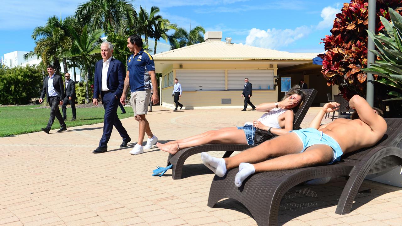 Prime Minister Malcolm Turnbull meets up with Cowboys player Johnathan Thurston and the team at The Ville Resort-Casino in Townsville. Picture: Scott Radford-Chisholm, July 2016