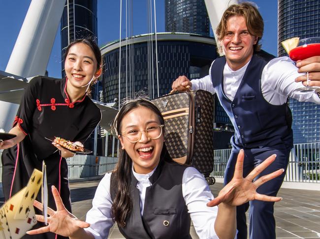 Queen's Wharf will open tomorrow as well as the bridge.Star Brisbane staff Kaede Ishii, Vivian Vu and Jake Johnson are excited for the opening.Picture: Nigel Hallett