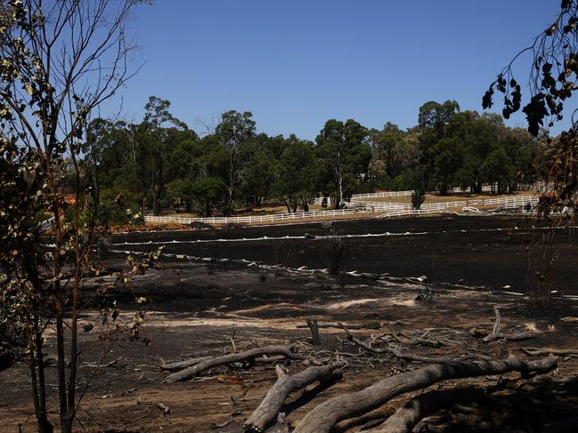 Bushfire damaged properties on Dinsdale Road in Gidgegannup. Picture: Paul Kane/Getty Images.