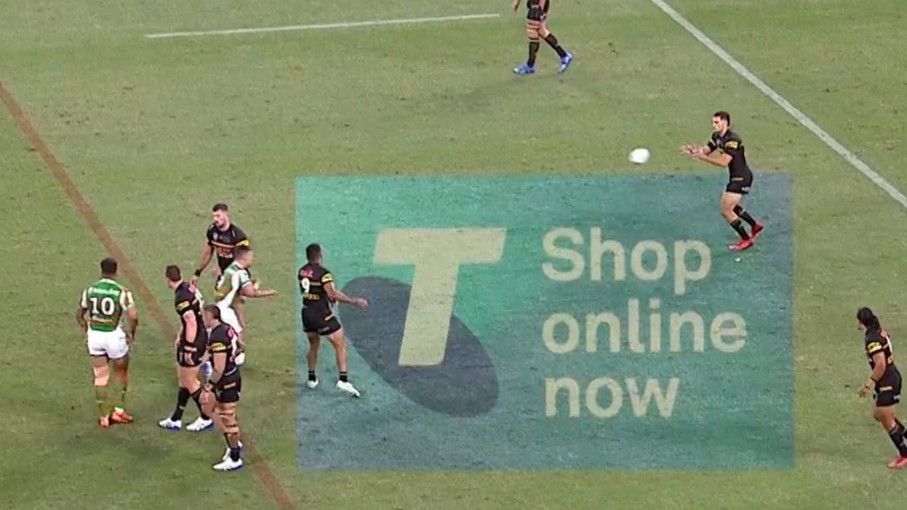 Penrith forward Matt Eisenhuth (front left) moves to block Souths hooker Damien Cook. Picture: Fox Sports