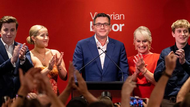 Dan Andrews celebrates winning the 2022 Victorian state election. Picture: Jake Nowakowski