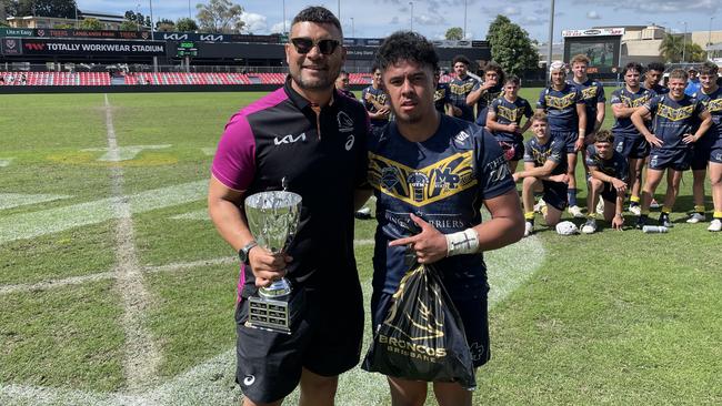 Mabel park reserves man of the match Titus Marsden with former Broncos international Jharal Yow Yeh.