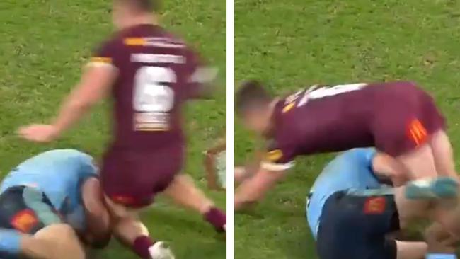 Cameron Munster collides with James Tedesco at Suncorp Stadium on Sunday night.