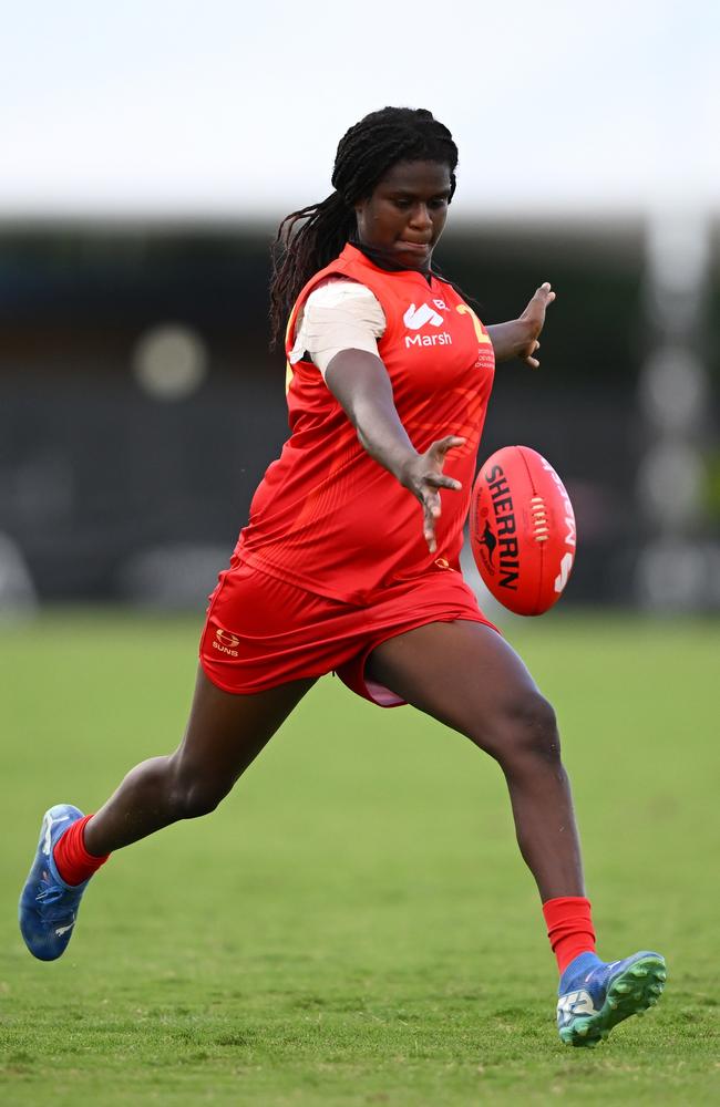 Mena Warria of Gold Coast Suns Academy kicks during the Marsh AFL U16 National Development Championship. Picture: Matt Roberts/AFL Photos/via Getty Images.