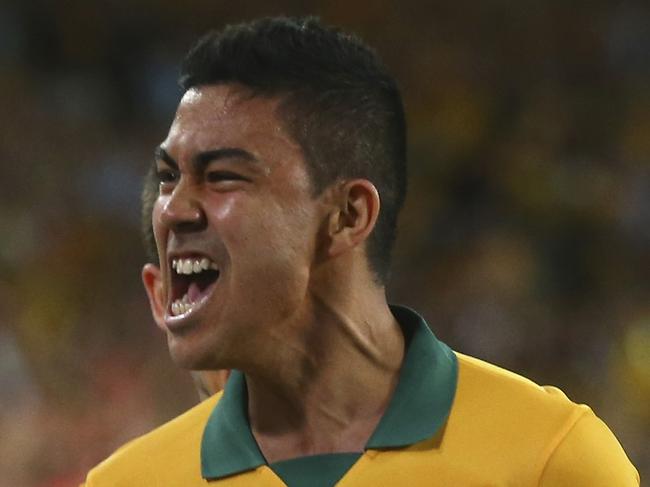 SYDNEY, AUSTRALIA - JANUARY 31: Massimo Luongo of Australia celebrates after scoring his teams first goal during the 2015 Asian Cup final match between Korea Republic and the Australian Socceroos at ANZ Stadium on January 31, 2015 in Sydney, Australia. (Photo by Ryan Pierse/Getty Images)