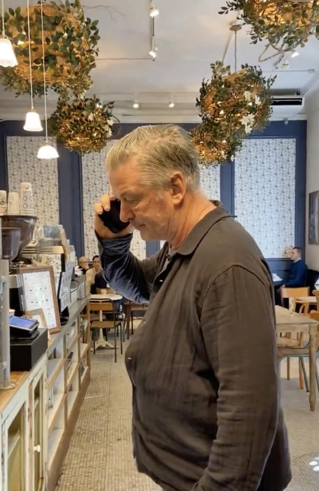 Screengrab of Alec Baldwin in a New York City coffee shop as he was taunted by a podcaster activist over the Rust killing of Halyna Hutchinson and the Israel-Hasa war. Picture: Twitter