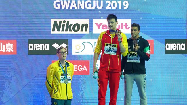 Sun Yang winning gold at the 2019 world championships, ahead of Australia’s Mack Horton (left). (Photo by Maddie Meyer/Getty Images)