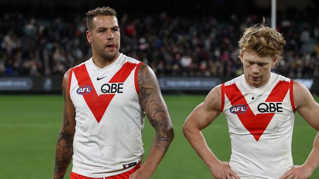 Lance Franklin trudges off against the Pies. Picture: Michael Klein