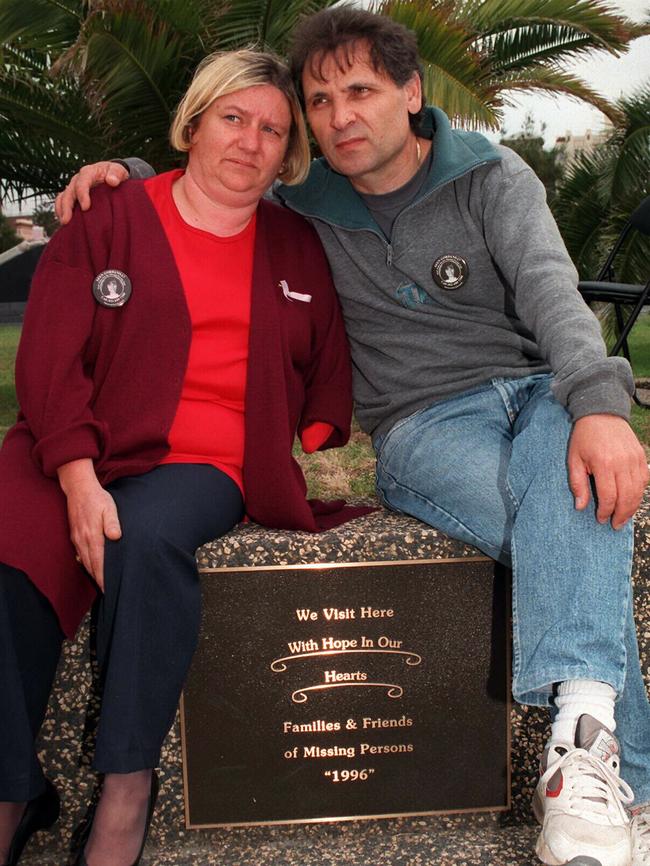 Peggy and Branko Kotevski visit a monument to missing people on Newcastle's foreshore on the second anniversary of Gordana's disappearance.