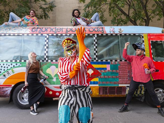 Thunderdot's Ely Woods, Mel Gray, Sophie Button, Mark Kamleh and Jay Marinis hit the road to deliver wine to Adelaide's isolated residents. Photo Ben Macmahon