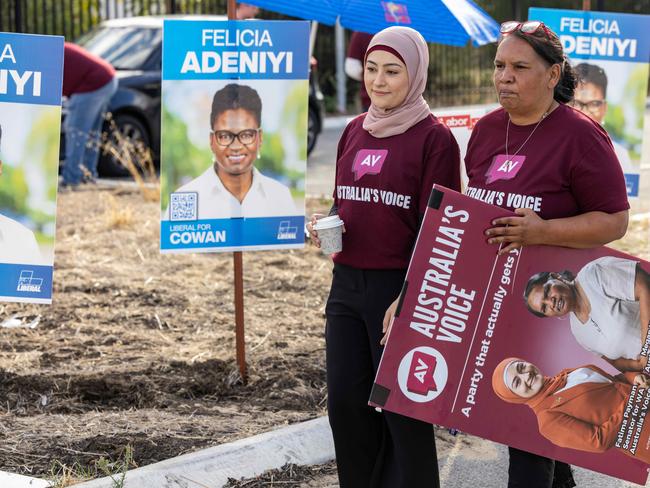 22/4/2025Leader of Australia's Voice Senator Fatima Payman with Megan Krakouer, Australia's Voice Senate Candidate at Malaga Early Polling Booth.Pic Colin Murty