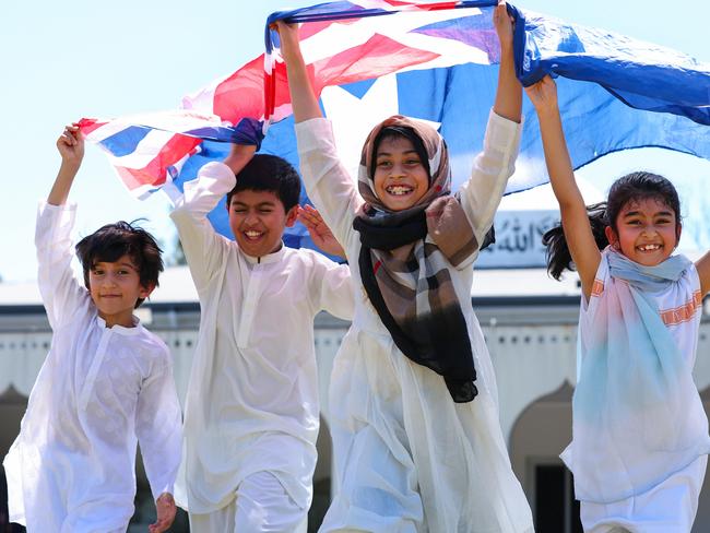 Queensland's Ahmadiyya Muslim Imam will hosts an Inclusive Australia Day Lunch at the Bait-ul-Masroor Mosque, Stockleigh. Rehan Khan 8, Basharat Ahmed 9, Rizwana Hadi 10 and Irha Shoaib 8 get ready for the fun. Pics Adam Head