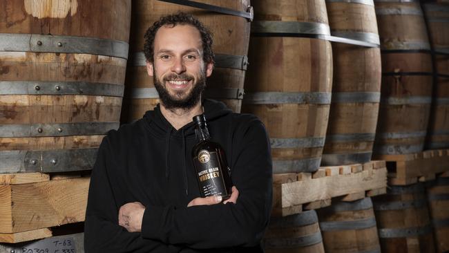 Adelaide Hills Distillery's Sacha La Forgia with his Native Grain Whiskey. Picture: Ben Macmahon