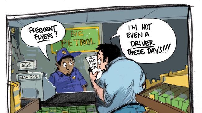 Eric Lobbecke cartoon of a customer looking at his receipt while the shopkeeper says &#39;Fre