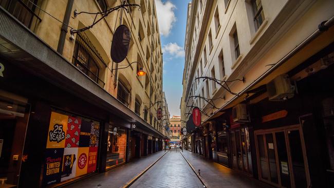 Typically-bustling Degraves Street deserted during lockdown. Picture: Jay Town