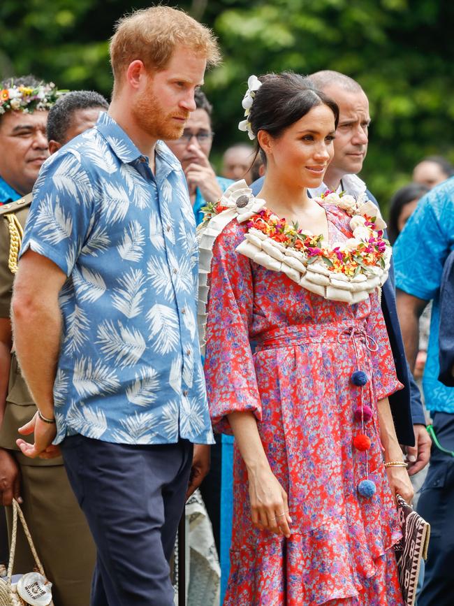 Meghan’s longer sleeves in Fiji were seen as a cautionary measure against zika-carrying mosquitoes. Picture: Getty