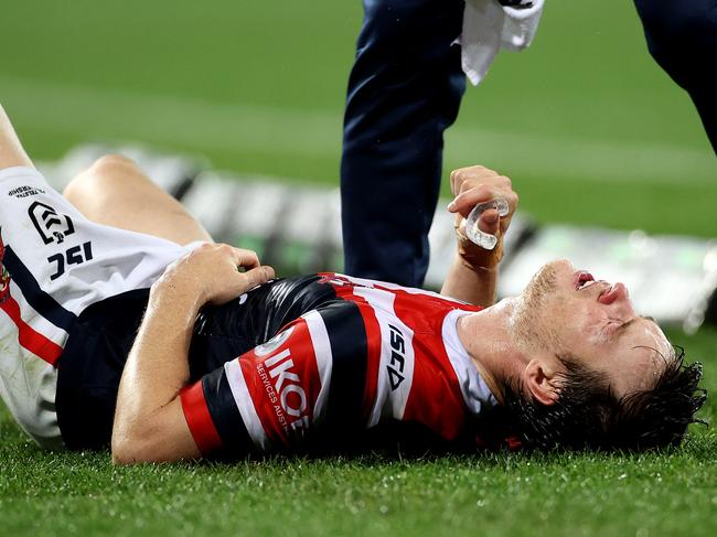 Injured Roosters' Luke Keary left the field during the NRL match between the Sydney Roosters and Melbourne Storm at the SCG. Picture. Phil Hillyard