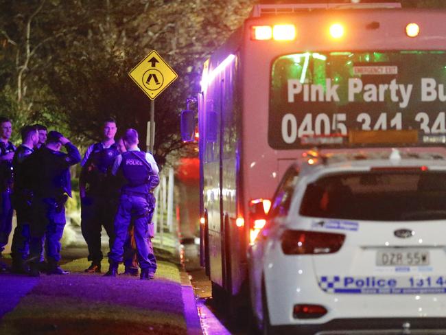 Police at the location a brawl broke out on a party bus in thornleigh around midnight   Picture : steve Tyson  Time : 0000 Location : Central Avenue Thornleigh