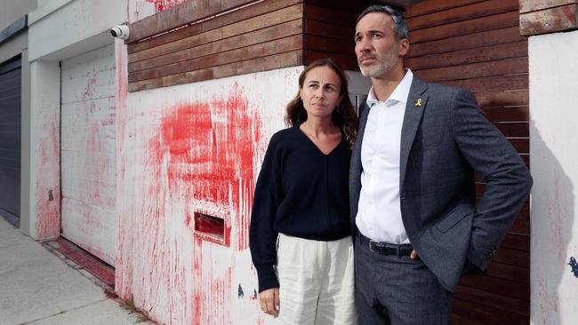 Executive Council of Australian Jewry co-chief executive Alex Ryvchin and wife Vicki, outside their former home in Dover Heights, Sydney, which was the subject of an anti-Semitic attack on Friday. Picture: Max Mason-Hubers