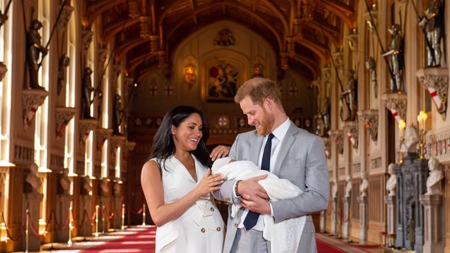 The couple pose for a photo with their newborn baby son, Archie Harrison Mountbatten-Windsor on May 8, 2019. Picture: Dominic Lipinski/Pool/AFP