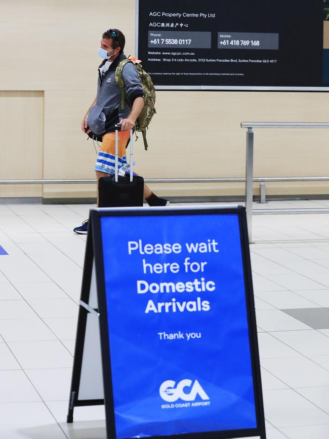 David Stewart was one of the final passengers to arrive on the final South Australian flight into the Gold Coast before borders closed. Picture: Scott Powick